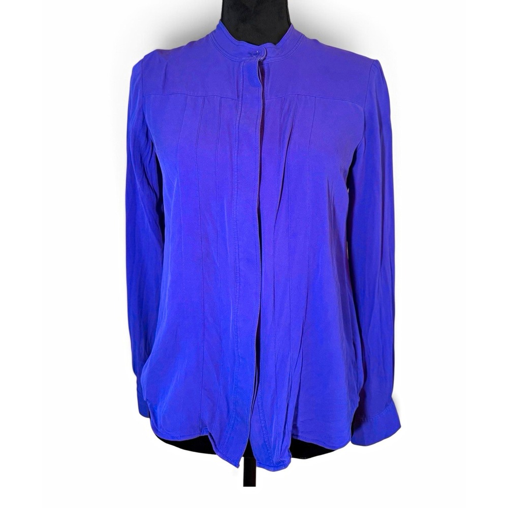 Theory Blouse Womens S Purple 100% Silk Mandarin Collar Pleated Button Down